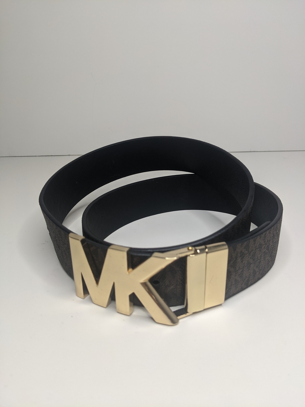 Michael Kors Brown Logo Canvas Reversible Leather Belt with Gold MK Buckle